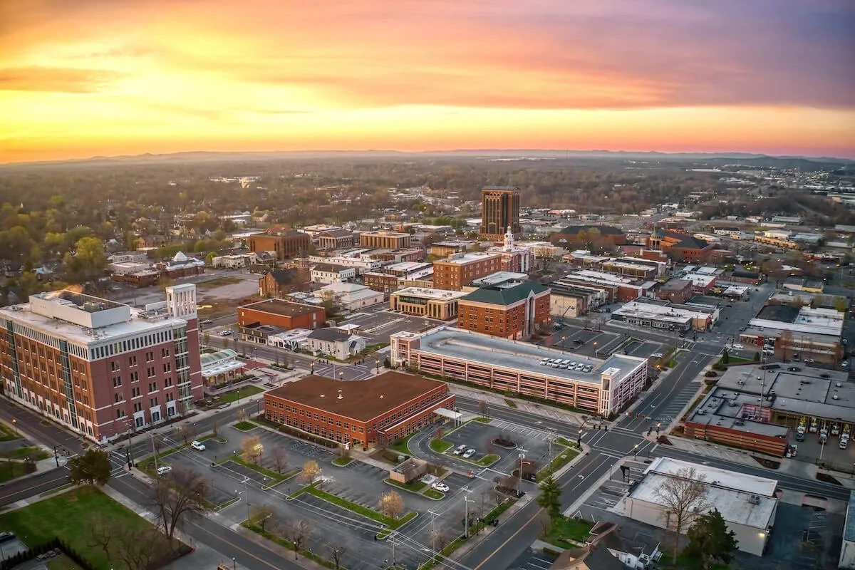Aerial view of downtown Murfreesboro at sunset